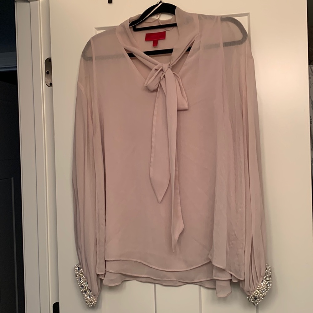 Jennifer Lopez Blouse with Bow Scarf and Beaded Wrist
